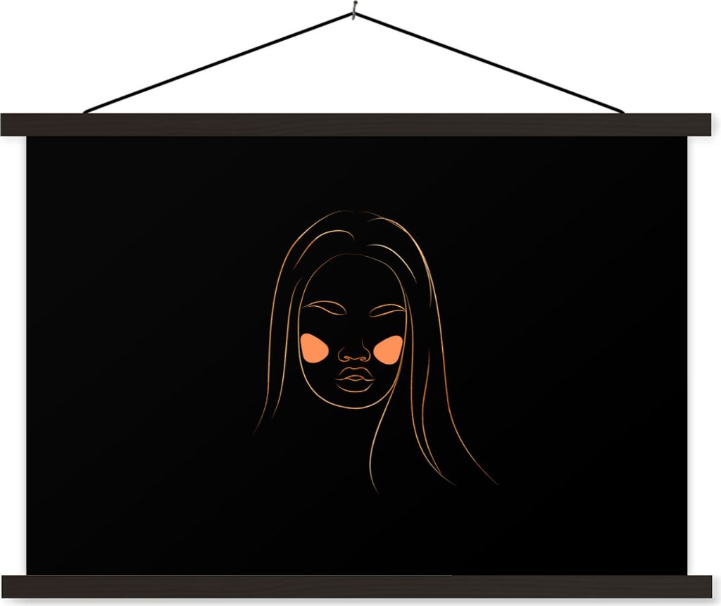 MuchoWow Textilposter Frau - Gold - Rosa - Strichzeichnung 90x60 cm mit schwarzem Rahmen - Aufhängungssatz