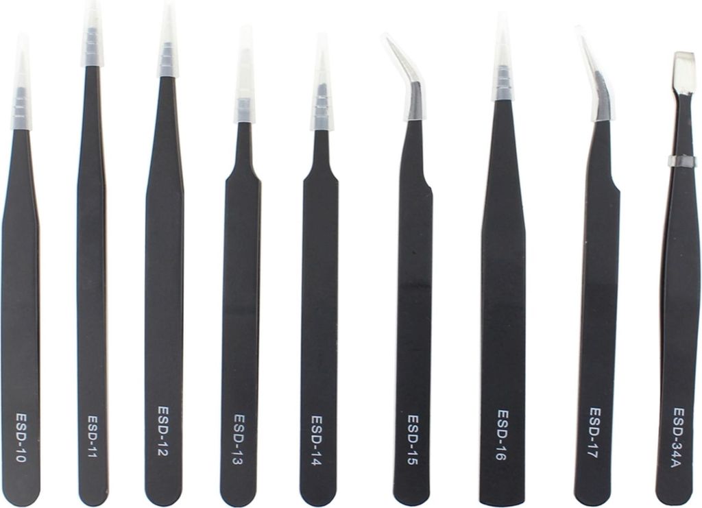 ESD-Pinzette Set 9teilig, antistatisch, in verschiedenen Größen, aus Metall, schwarz. Mit Textil-Rolltasche aus Leinen / Canvas. Antistatik Pinze...