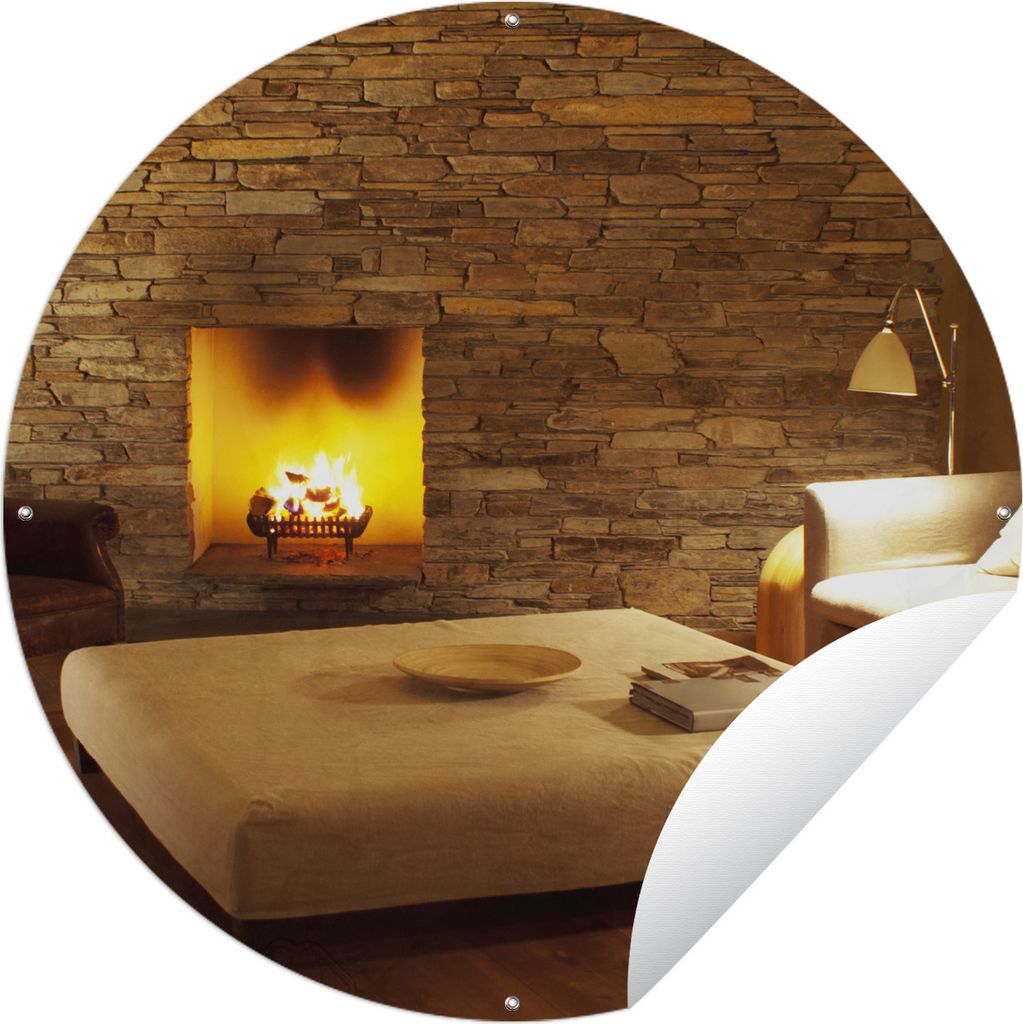 MuchoWow Gartenposter Outdoor-Poster Rund Ein Kamin in einem modernen Wohnzimmer Ø 90 cm Gartendeko Rundes Poster draußen
