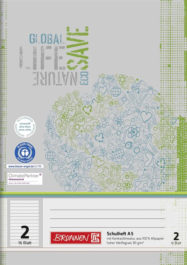 25x Brunnen 104518201 A5 Rigatura 2 - 16 Fogli per Scrittura Primaria