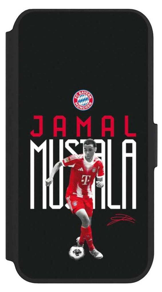 NIVOCASE Klapphülle für Apple iPhone SE (2022) Handyhülle aus Kunst Leder NIVOflip schwarz FC Bayern München Offizielles Lizenzprodukt Jamal Mu...