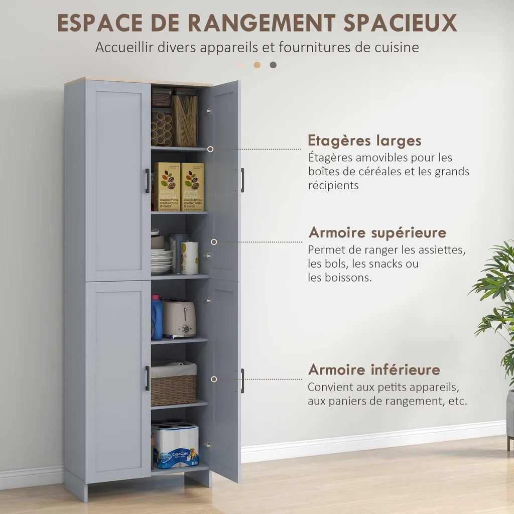 Buffet de cuisine multi-rangements gris avec 2 étagères modulables - 3