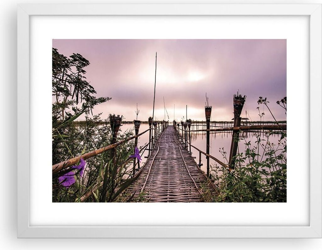 Gerahmtes Poster - Weißer Rahmen - Brücke See Fackel - 40x30 cm - Wand Bild - Wanddeko - Wandbilder - Kunstposter - Wandposter - Bilderrahmen - B...