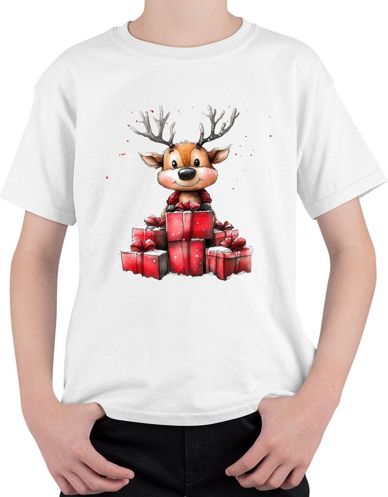 Weihnachten Rentier mit Geschenken niedlich Aquarell Kinder Uni Kinder T-Shirt, Weiß, 116