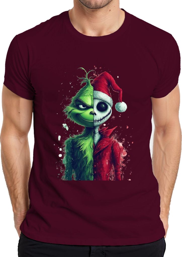 Grinch Jack Skellington Mashup Weihnachten Horror Geschenk Herren T-Shirt, Burgundy, L