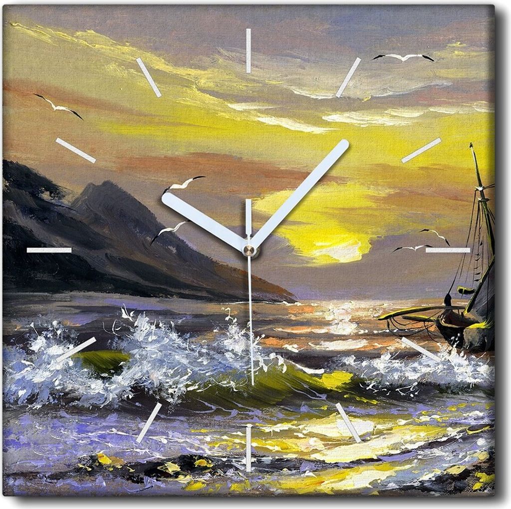 Coloray Uhr auf Leinwand 30x30 cm Wand Uhr Dekoration Wohnzimmer Segeltuch weiße Zeiger -Meeresschiff Landschaft.