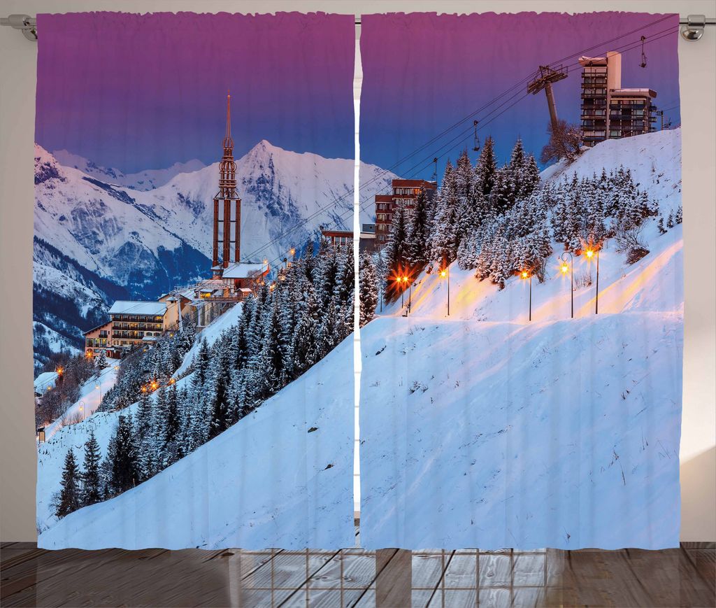 ABAKUHAUS Winter Rustikaler Vorhang, Majestic Sunrice Ski, Wohnzimmer Universalband Gardinen mit Schlaufen und Haken, 280 x 175 cm, Mehrfarbig