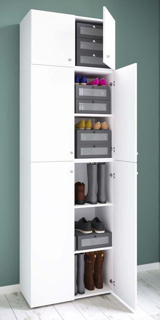 VCM Holz-Schuhschrank | Maße: H. 223 x B. 70 x T. 39 cm| Allzweckschrank | 5 Fächer | 4 Drehtüren | Aufsatz mit 2 Türen– Lona