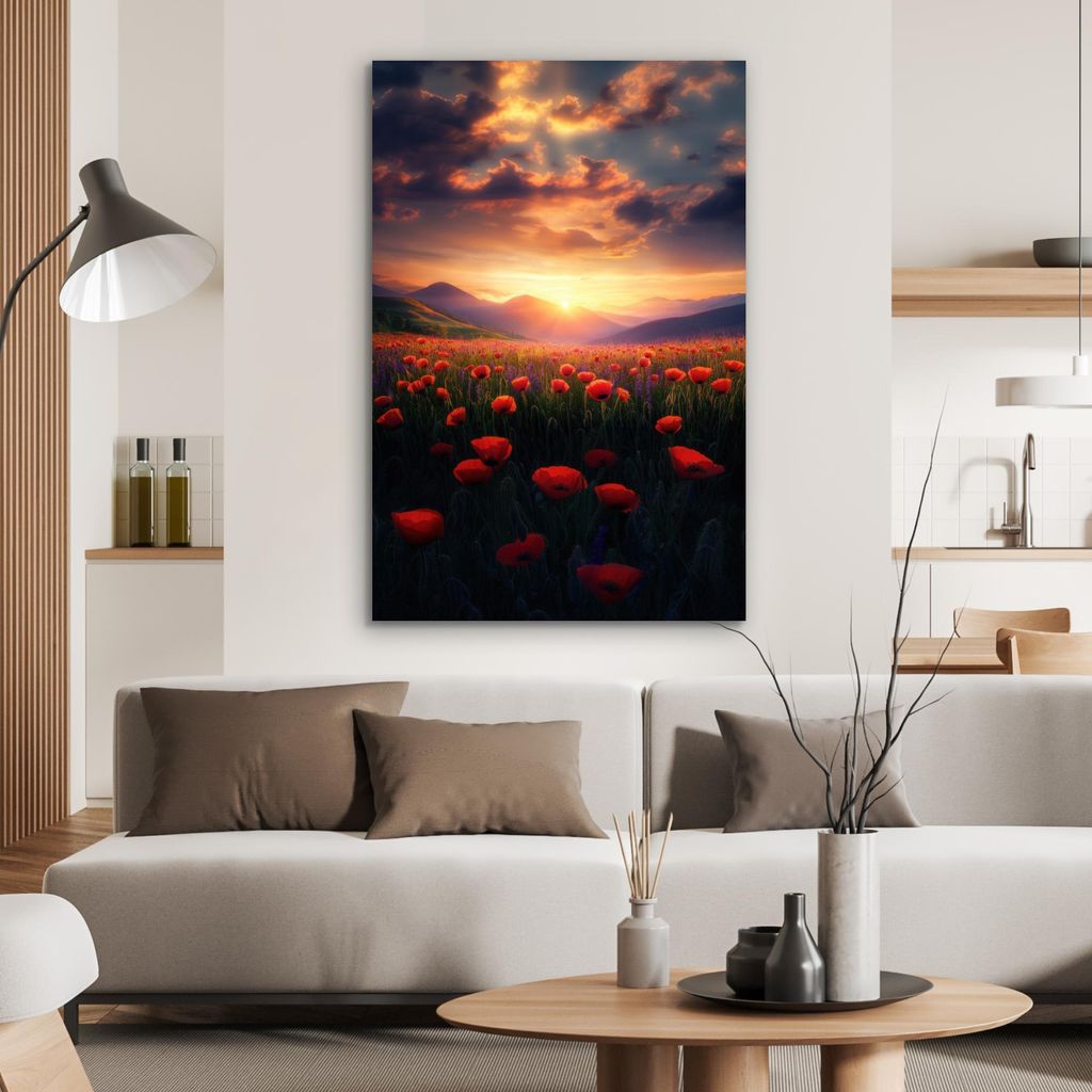 MuchoWow Wanddekoration Metall Metallbild Wandkunst 60x90 cm Landschaft - Sonnenuntergang - Blumenfeld MuchoWow Aluminium Gemälde - Wandbilder - A...