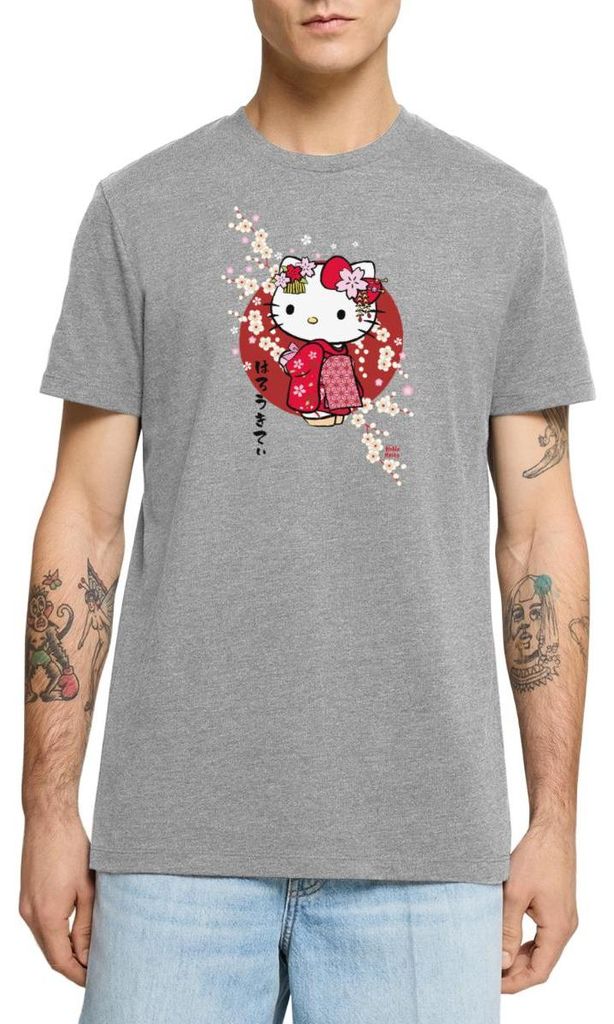 Spreadshirt Hello Kitty Japan Kimono Kirschblüten Männer Premium T-Shirt, M, Grau meliert