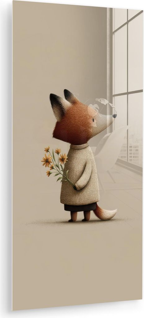 MuchoWow Glasbilder - Bilder auf Wandbild - Foto auf Glas Fuchs - Gelbe Blumen - Minimalistisch 40x80 cm Wanddekoration aus Glas - Acrylglasbild - ...