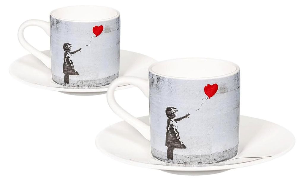 Könitz Espresso Tassen Set Banksy Girl mit Ballon. 2 Kaffeetassen 65ml aus Fine Bone China Porzellan. Moderne, bunte Espressotassen