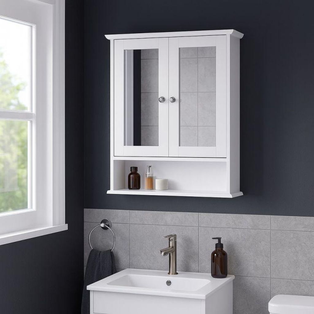 A white bathroom cabinet with mirrored doors is mounted on a dark gray wall above a sink.