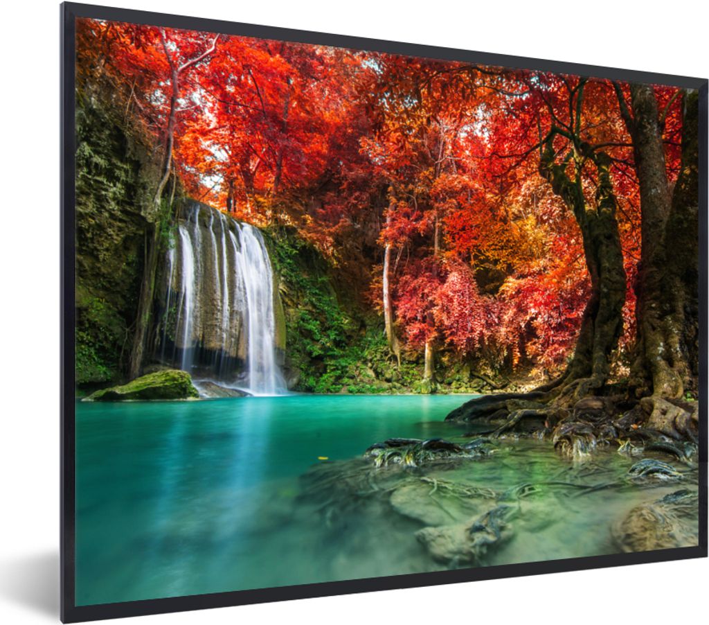 MuchoWow Gerahmtes Poster Wasserfall - Baum - Rot - Herbst - Wasser 80x60 cm - Poster mit Schwarzem Bilderrahmen Wandposter Rahmen Foto Bilder - ...