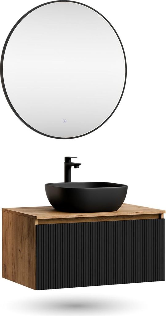 Planetmöbel ARISA Badmöbel Set Schwarz Geriffelt – Mit Veluna LED Spiegel und schwarzem Keramik-Aufsatzwaschbecken 42 cm