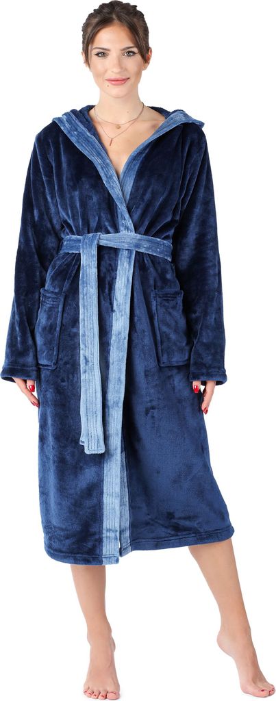Bellivalini Damen Bademantel lang mit Kapuze und Gürtel BLV50-168 (Dunkelblau / Blau, XXL)