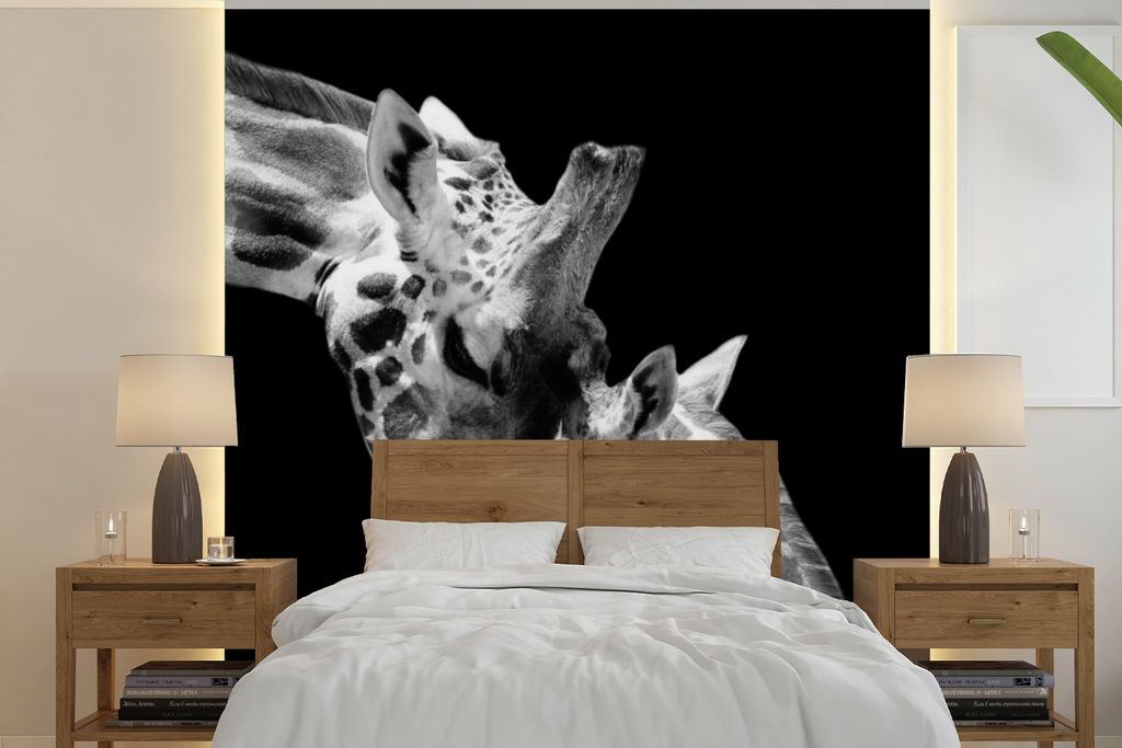 MuchoWow Fototapete für Wohnzimmer oder Schlafzimmer Wandtapete Vinyl Motivtapete Giraffe - Wildtiere - Porträt - Schwarz-Weiß - 220x220 cm - ...