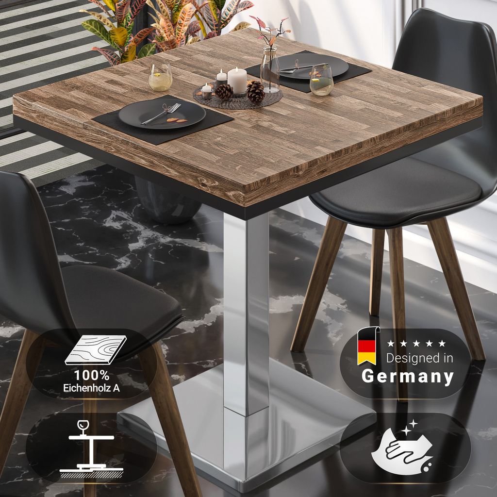 MM | Bistro Massiv Tisch | Quadratisch | 60 x 60 x 77 cm | Walnuß / Edelstahl | Bistrotisch Gastro Tisch