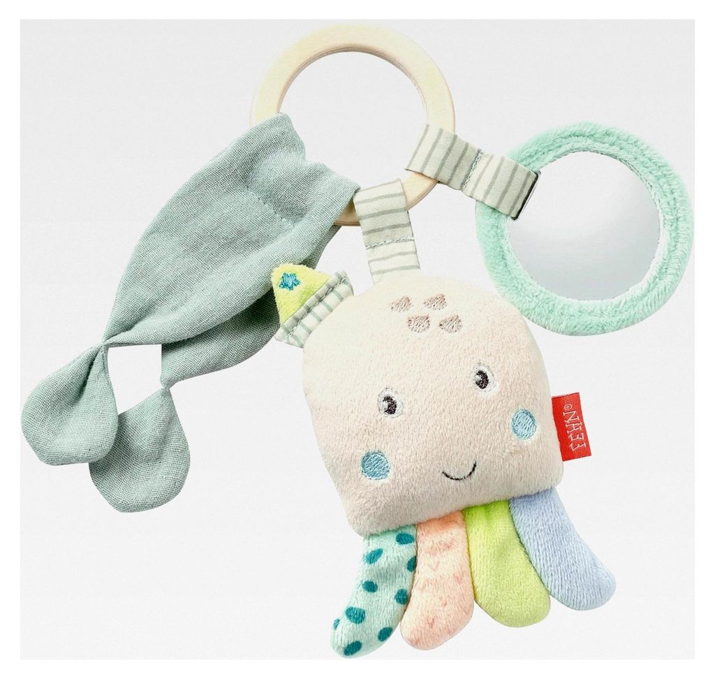 Greifling Oktopus aus Holz – Babyspielzeug mit Holzring, Musselintuch, Rassel und Spiegel für Babys und Kleinkinder ab 0+ Monaten – Größe: 1...