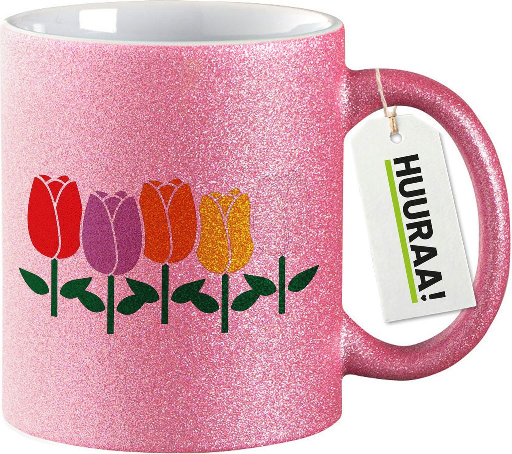 Huuraa Glitzertasse Tulpen Blüte 330ml Pink Keramik Kaffeebecher Geschenkidee