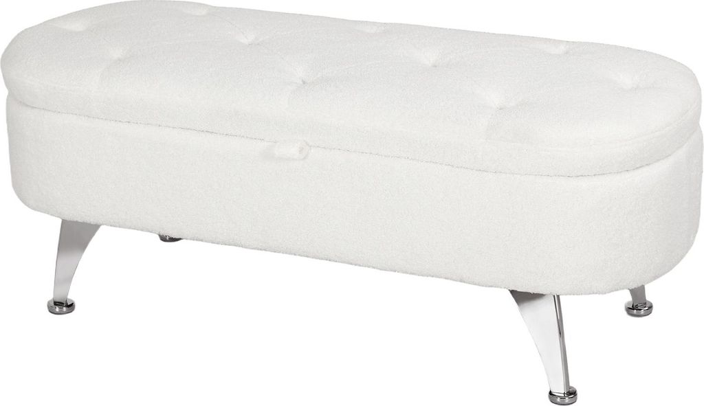 Sitzbank mit Stauraum, Polsterbank mit Deckel, Bettbank mit Teddysamtoptik, für Flur Schlafzimmer Wohnzimmer, Metallrahmen 114 x 47 x 46,5 cm Weiß