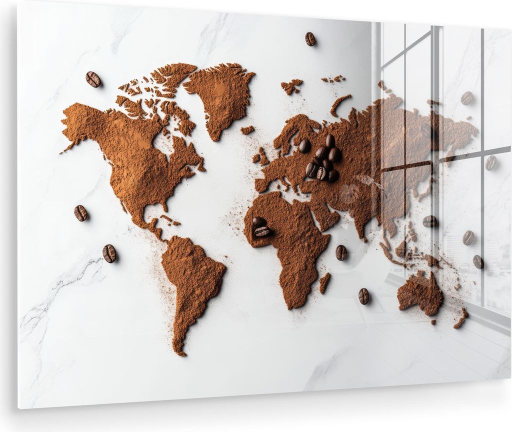 MuchoWow Glasbilder - Bilder auf Wandbild - Foto auf Glas Weltkarte - Kaffee - Marmor 30x20 cm Wanddekoration aus Glas - Acrylglasbild - Acrylbilde...