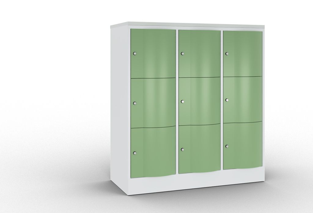 Wertfachschrank mit Spezialtüren, 3x3 Fächer, Abdeckplatte, BxTxH 1150x540x1255 mm, RAL 7035/6011