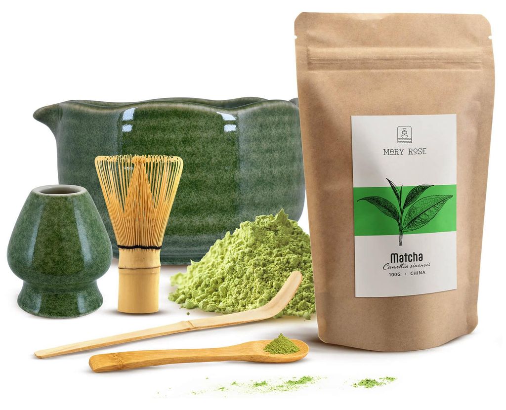 Mary Rose - Matcha Tee Set 100g - Pulver Grüner Tee - Keramik Grüne Tonbo Matchawan Schale 400ml mit Ausguss, Besenhalter - Bambus Chasen Besen