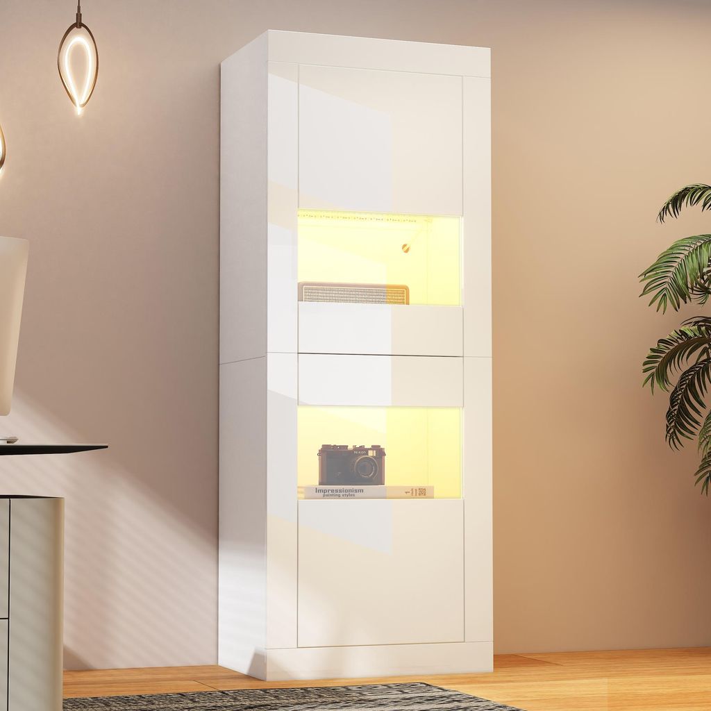 LED-Vitrine Hochglanz Weiß, 1 Glasboden, Hochschrank, 61×42×162 cm