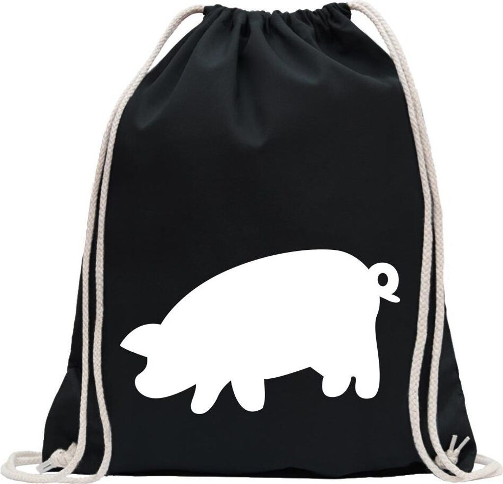 Kiwistar - Turnbeutel - schwarz - Schwein mit Ringelschwanz - Fun Rucksack Sport Beutel Gymsack Baumwolle mit Ziehgurt