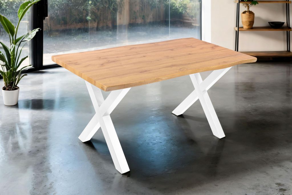 Esstisch Josy | 160 x 85 cm | Holz Wildeiche-Optik | X-Gestell Metall weiß | 40 mm Tischplatte mit Baumkante | Tisch für Esszimmer & Küche