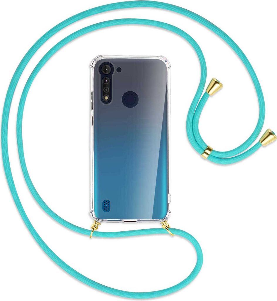 Handykette Backcover-Schutzhülle mit Band (Metall goldfarben) für Motorola Moto G8 Power Lite - türkis