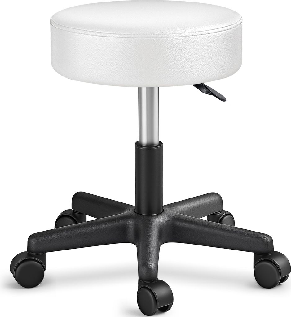 TRESKO Rollhocker höhenverstellbar Weiß 150 kg | Hocker Drehhocker 10 cm Dicke Polsterung 47-60 cm | Arbeitshocker Bürohocker 360° drehbar mit ...