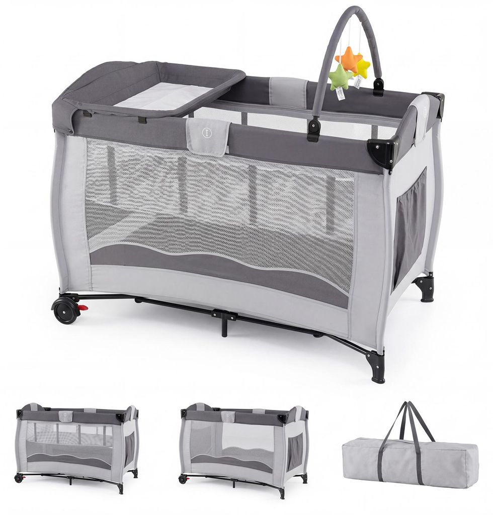 COSTWAY 4 in 1 Babybett mit Matratze & Rollen, Reisebett Produktbild 