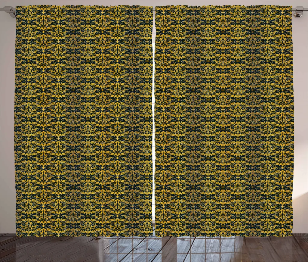 ABAKUHAUS Tenda rustica in damasco giallo, petali ondulati, tende universali per soggiorno con passanti e ganci, 280 x 245 cm, giallo e blu scuro