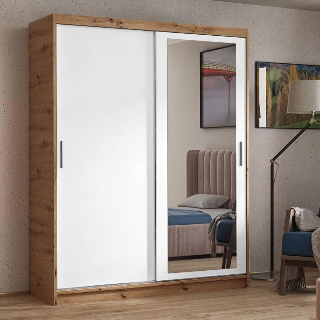 Kleiderschrank HELA 180cm - 2-türig Schiebetürenschrank, Garderobe, Schrank mit Spiegeln, Kleiderstang & 2 Schubladen, (Artisan + Weiß)