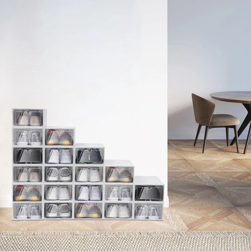 Schuhaufbewahrung - Stapelbare Schuhboxen - Set mit 20 - Größe 33×23×14 cm je Box - Material PP+PC - Tragfähigkeit ca. 36 kg - Weiß