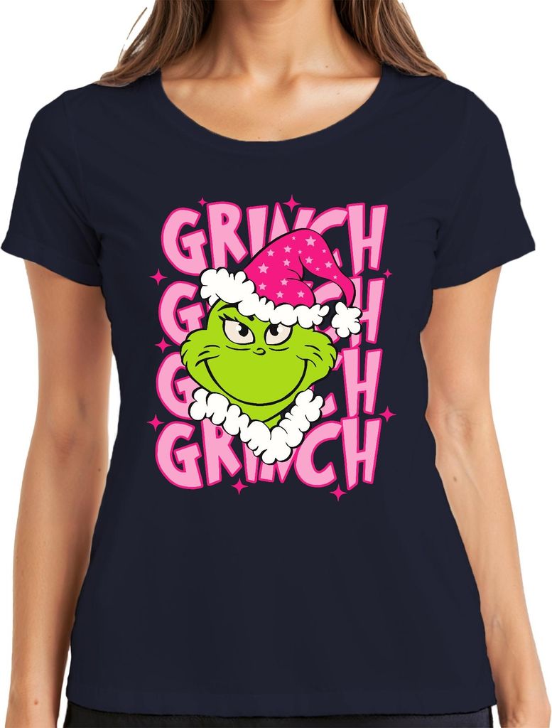 Grinch Weihnachten frech Geschenk grün rosa Santa Hut Retro Damen T-Shirt, Navy, 3XL