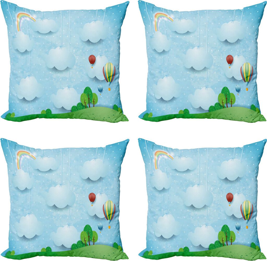 ABAKUHAUS Kindergarten Kissenbezug Set (4 Stück), Balloons Wolken Sterne Hill, Moderner Doppelseitiger Digitaldruck, 45 cm x 45 cm, Mehrfarbig