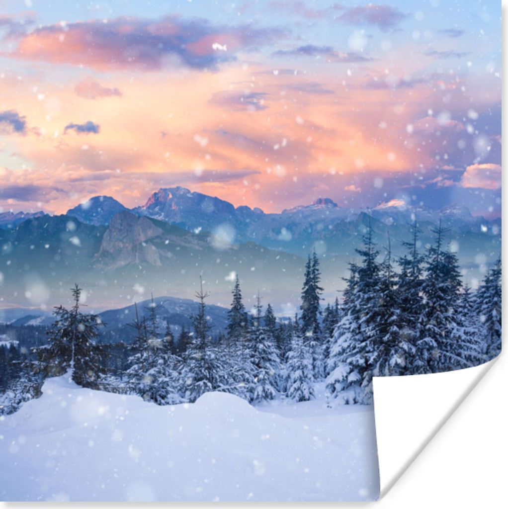 MuchoWow Poster Schnee - Himmel - Wald - Winter 100x100 cm - Babyzimmer