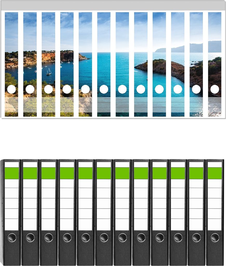 Wallario 12 Stück schmale Ordner inkl. Klebeetiketten mit Motive Ibiza - Blick von einer Bucht aufs Meer - Set mit Rückenschildern / Ordnerrücke...