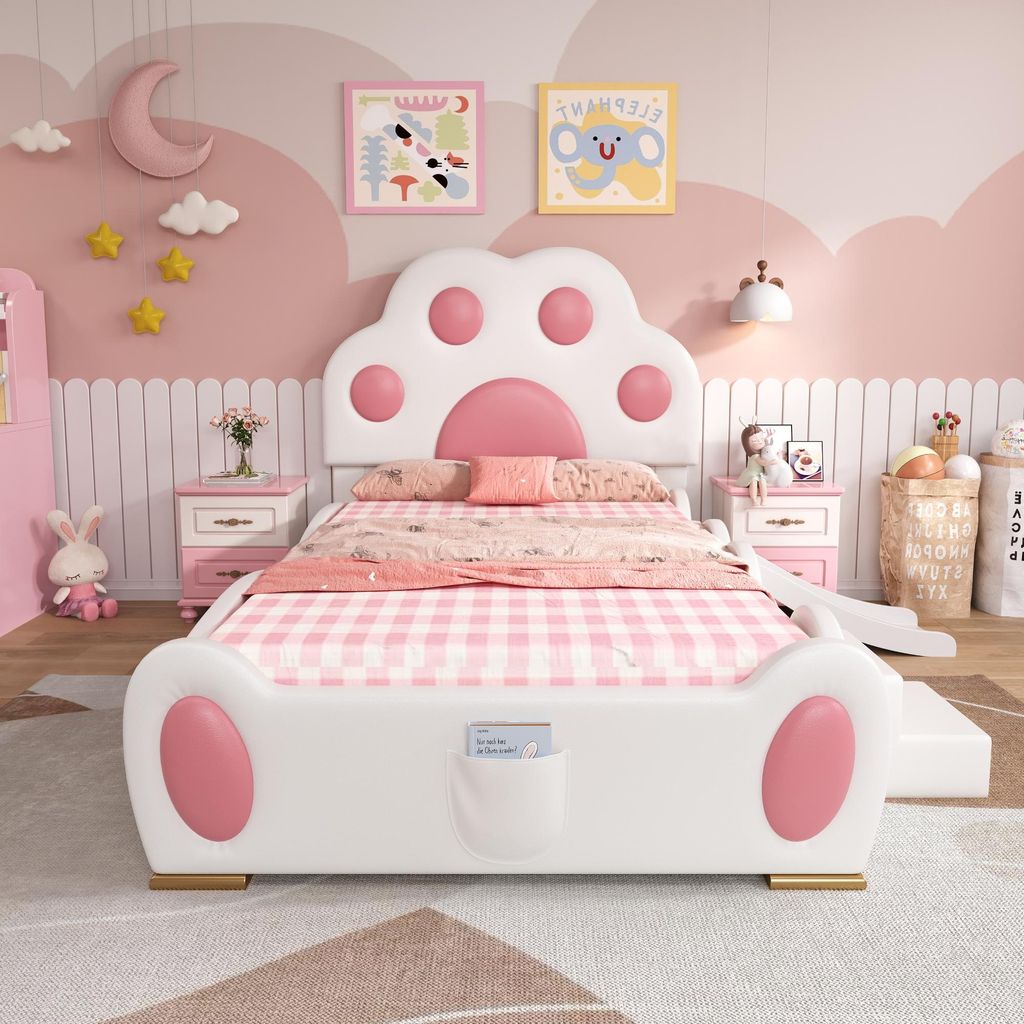 A child's bedroom with a bed designed like a cat's paw.