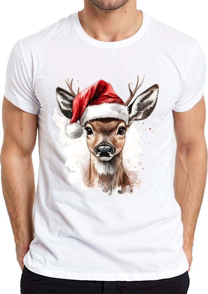 Rehkitz Santa Hut Weihnachten Aquarell festlich Geschenk Retro Herren T-Shirt, Weiß, L