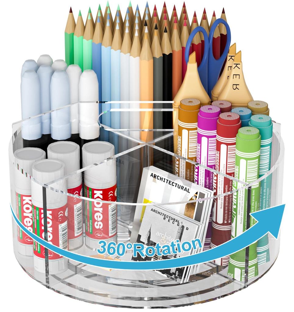 Drehbarer, transparenter Stiftehalter mit 6 Fächern – Acryl-Organizer mit Griff für Schreibtisch, Marker, Farbe und Pinsel