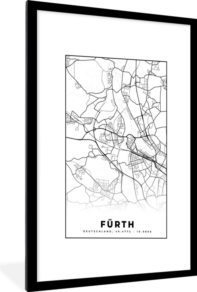 MuchoWow Gerahmtes Poster Fürth - Karte - Stadtplan 60x90 cm - Poster mit Schwarzem Bilderrahmen Wandposter Rahmen Foto Bilder - Dekoration - Wa...