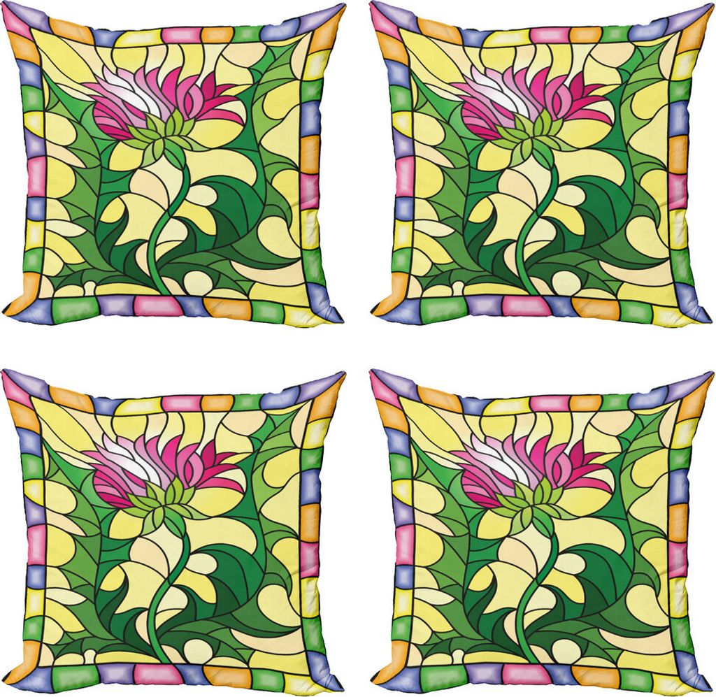 ABAKUHAUS Distel Kissenbezug Set (4 Stück), Buntglas-Art, Moderner Doppelseitiger Digitaldruck, 45 cm x 45 cm, Mehrfarbig