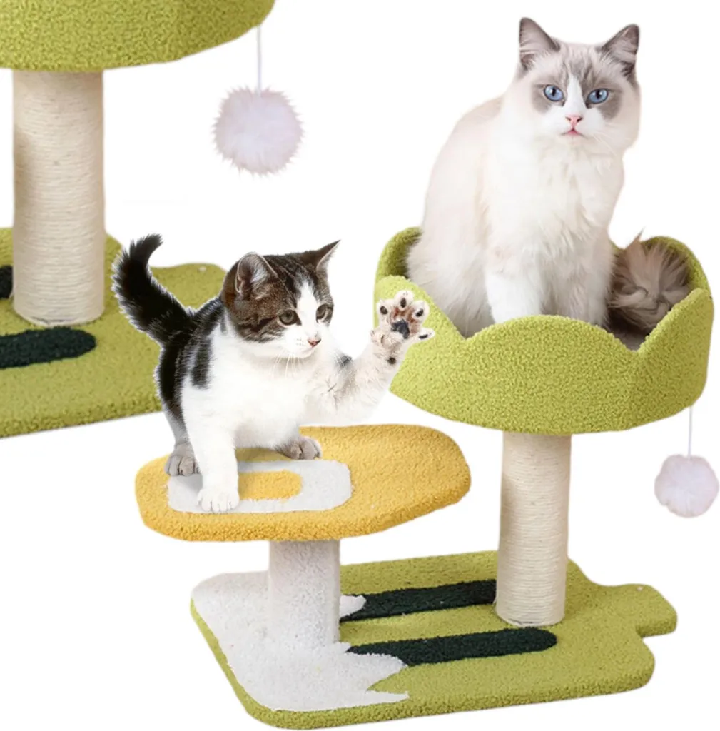 Arbre à chat à deux couches robuste avec griffoir en sisal véritable