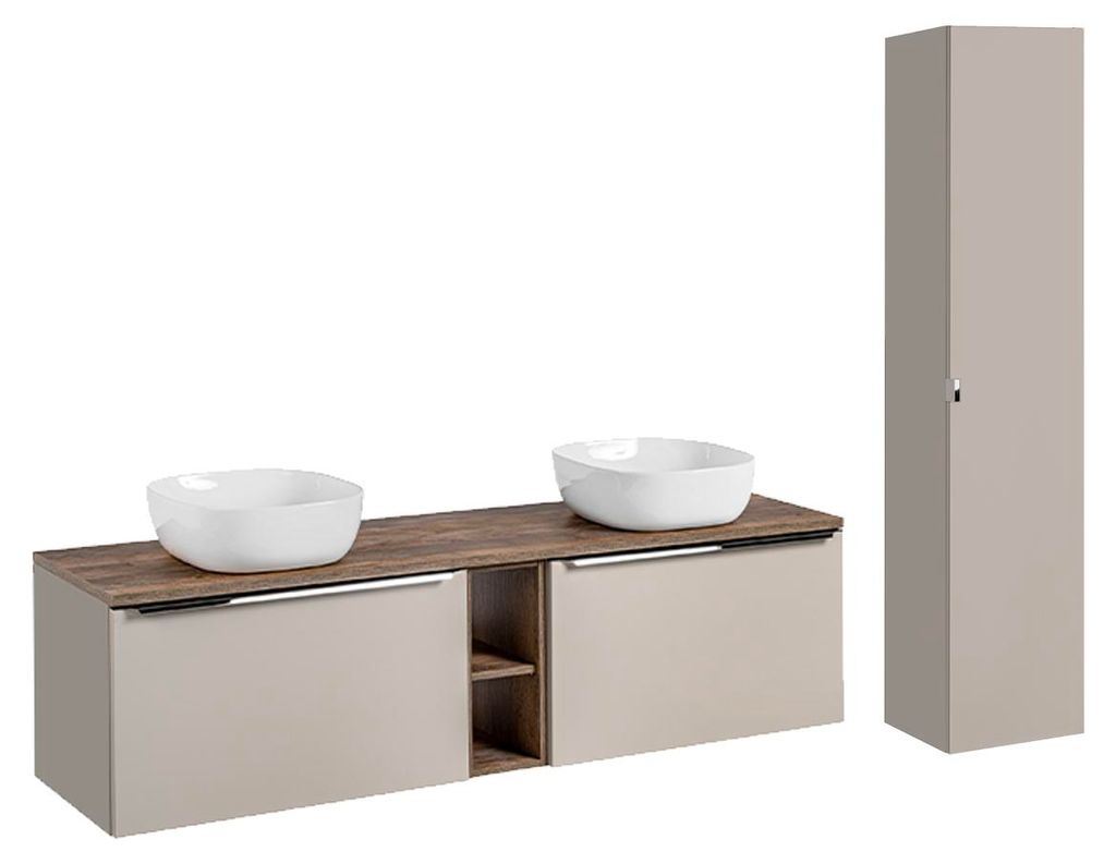 Doppelwaschtisch und Hängesäule 180cm Éros mit 2 Schubladen, Taupe