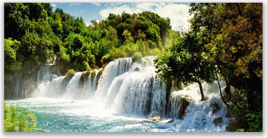 Tulup Leinwand-Bilder 140x70 Wandbild Canvas Kunstdruck Wasserfall Bäume Natur