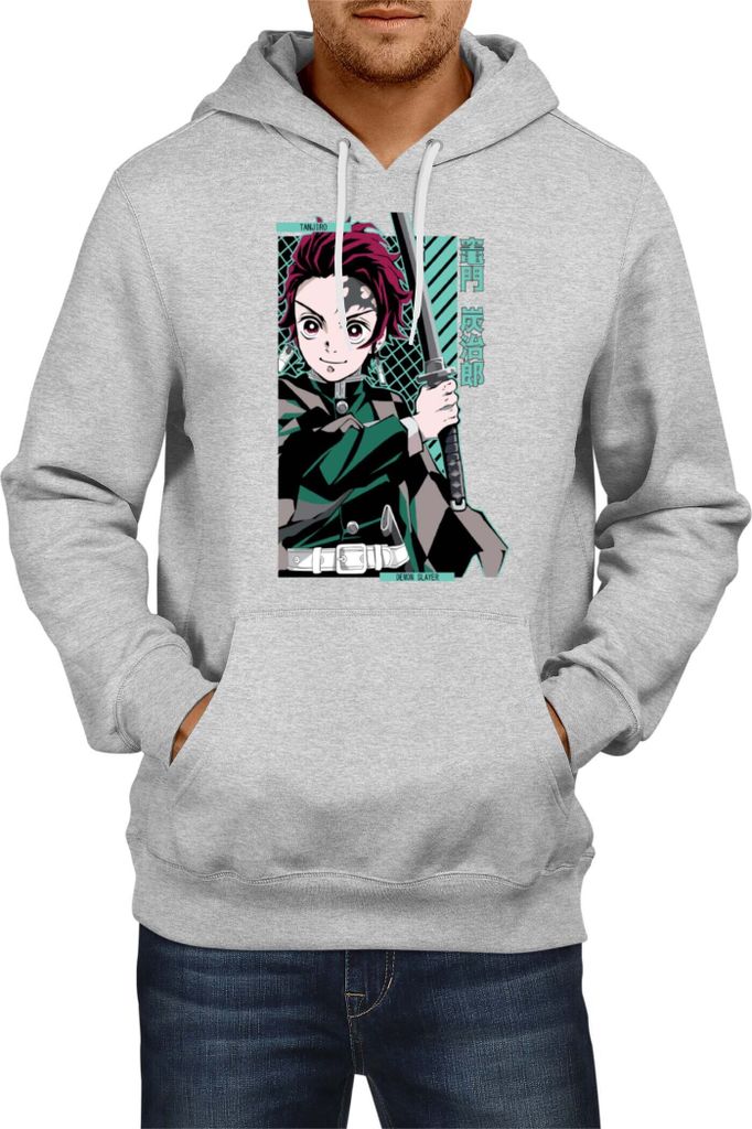 Herren Kapuzenpullover Demon Anime Slayer Tanjiro Kamado 100, Man XL / Grau
